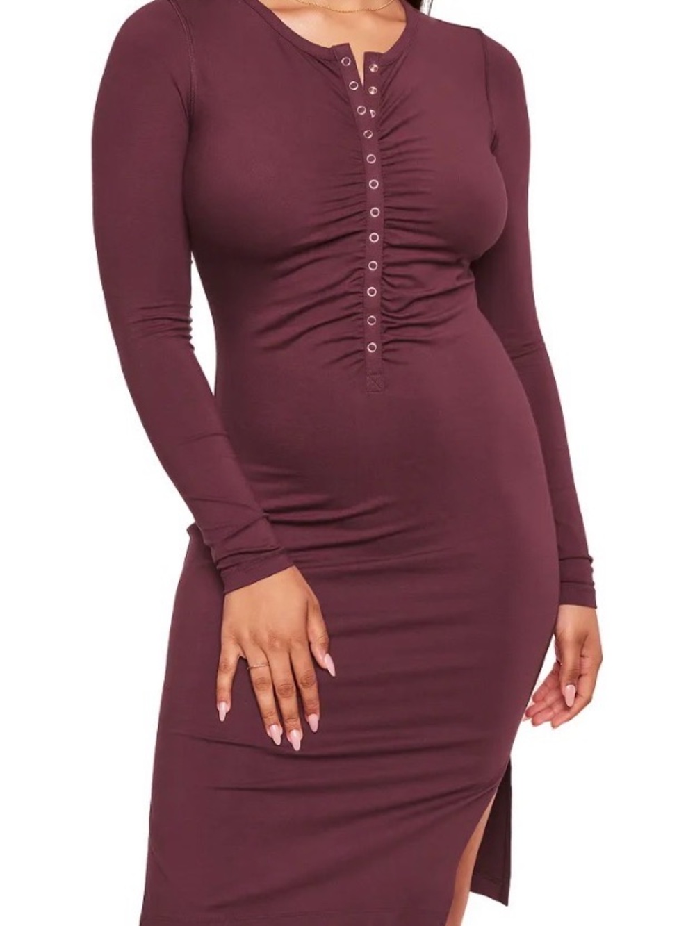 Adore Me Ruched Henley Long Sleeve Midi Dress in Wine